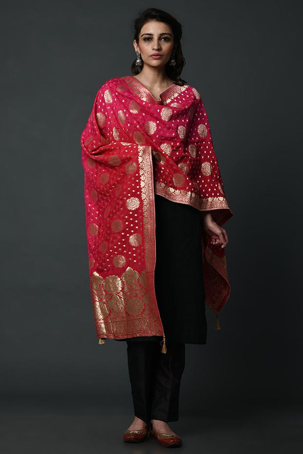 Red-gold handwoven banarasi silk dupatta