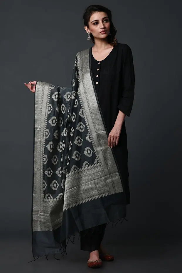 Black-silver tissue silk dupatta - Fabuliv