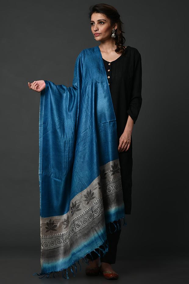 Blue-black hand painted tussar silk dupatta