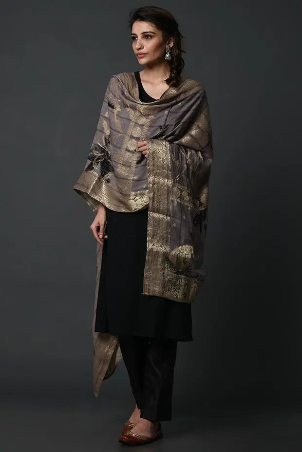 Grey-gold handwoven banarasi silk dupatta - Fabuliv