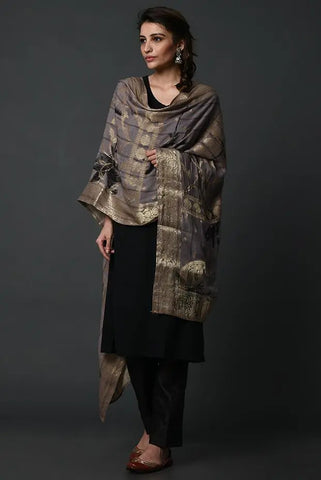 Grey-gold handwoven banarasi silk dupatta - Fabuliv