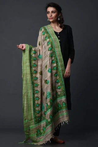 Beige-green handembroidered khadi silk dupatta
