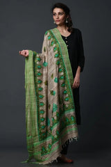 Beige-green handembroidered khadi silk dupatta