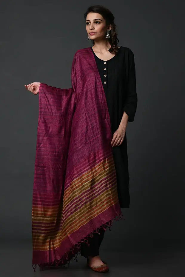 Dark magenta striped Tussar silk dupatta - Fabuliv