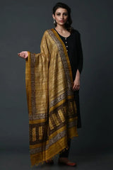 Yellow-black hand painted tussar silk dupatta - Fabuliv