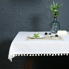 Snowhite Checkered Table Cloth With Pom Poms