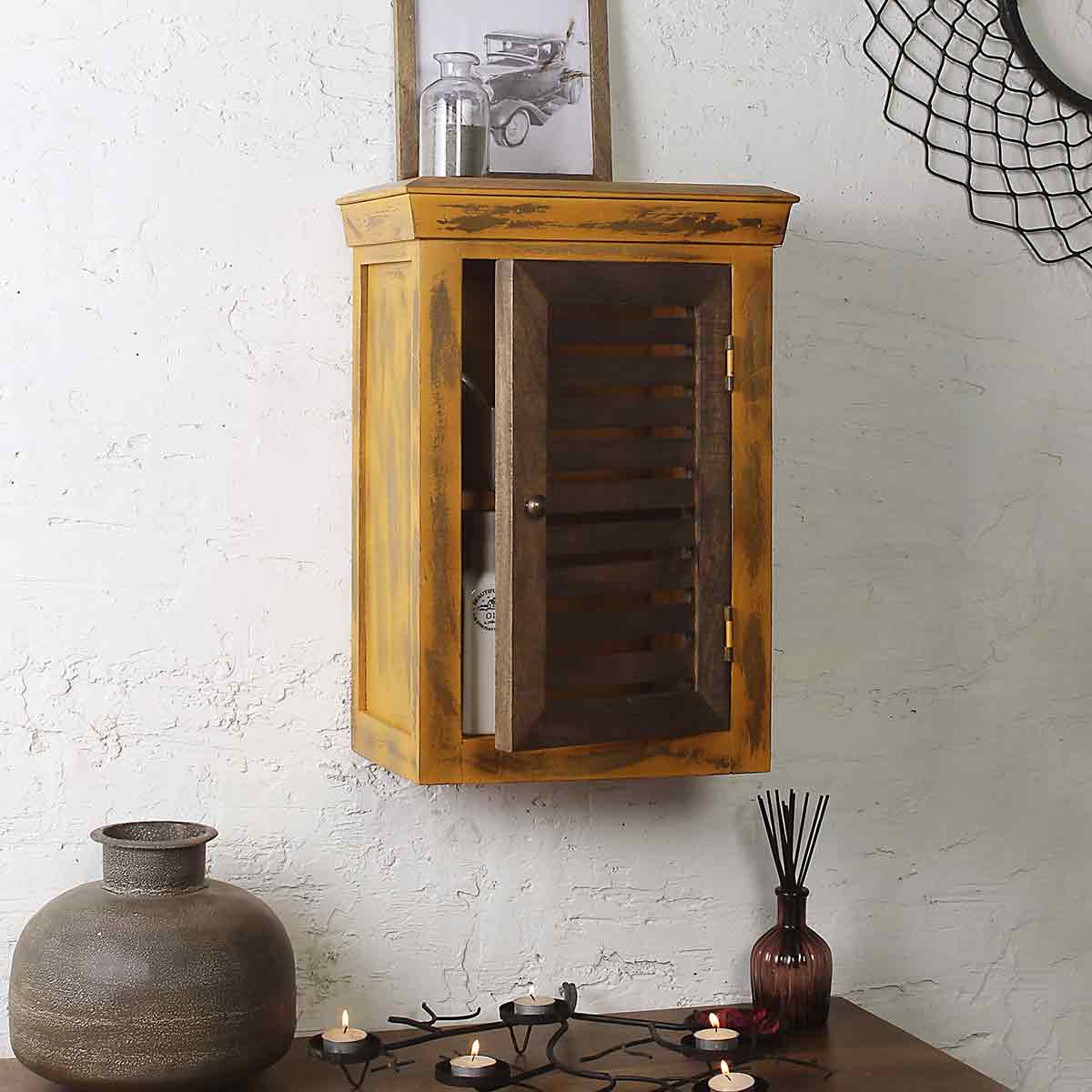 Cappi Solid Wood Distress Yellow Wall Shelve