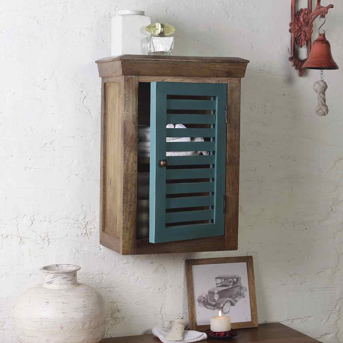 Solid Wood Vintage Blue Bath Cabinet 1