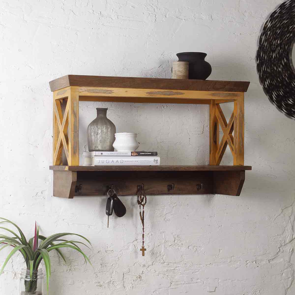 Alonza Solid Wood Distress Yellow Wall Shelve with hooks 1