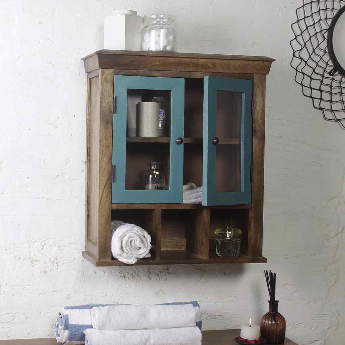 Solid Wood Vintage Blue Double Door Bathroom Cabinet 1