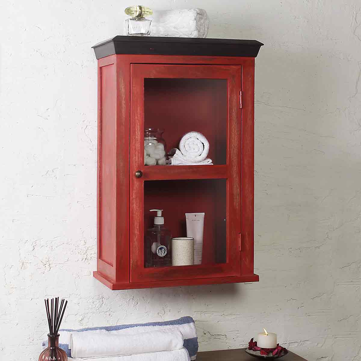 Solid Wood Vintage Red Bathroom Cabinet 1
