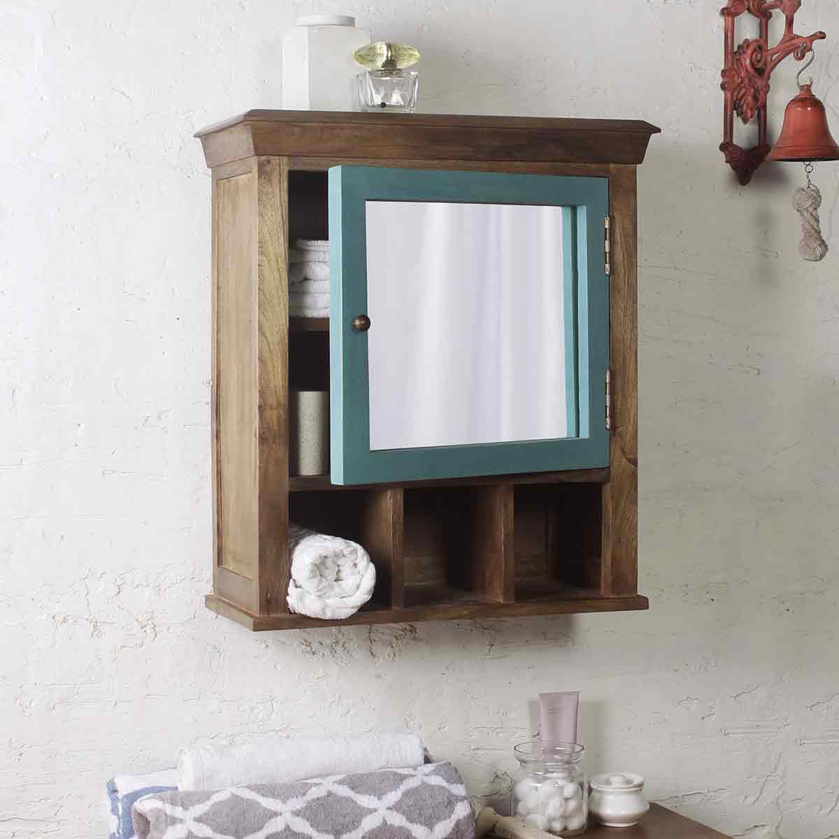 Solid Wood Vintage Blue Bathroom Cabinet with Mirror 1